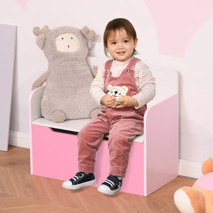 HOMCOM Kids Wooden Toy Box – Pink Storage Chest & Bench (Ages 3–6)
