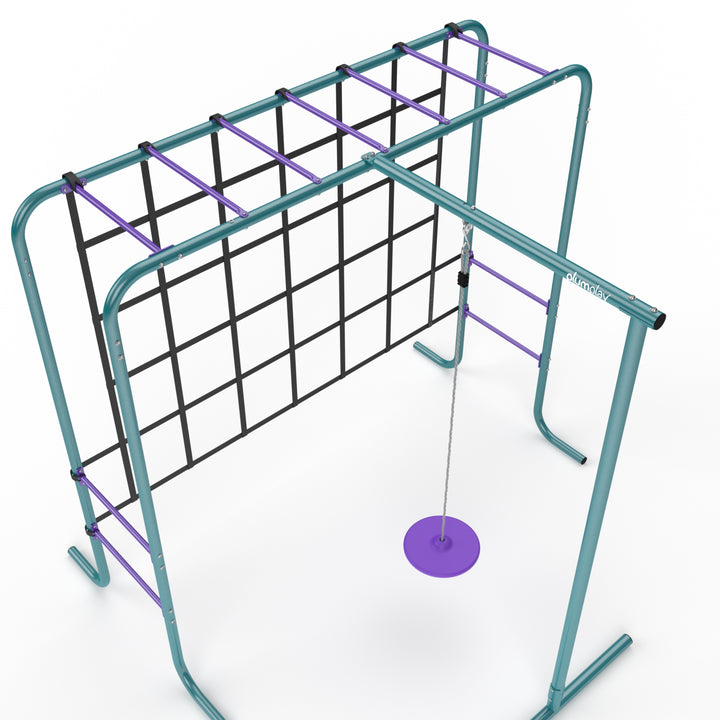 Plum Metal Monkey Bars with Swing and Climbing Wall - Teal