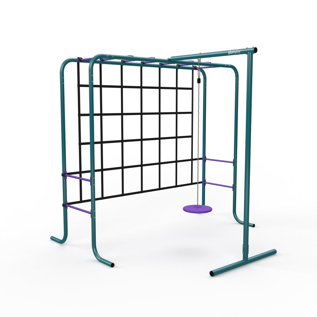 Plum Metal Monkey Bars with Swing and Climbing Wall - Teal