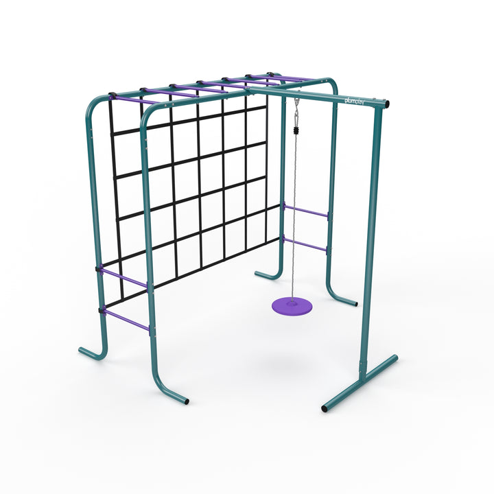Plum Metal Monkey Bars with Swing and Climbing Wall - Teal