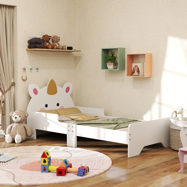 ZONEKIZ Unicorn-Designed Toddler Bed, Kids Bedroom Furniture, for Ages 3-6 Years, 143 x 74 x 67cm - White - White