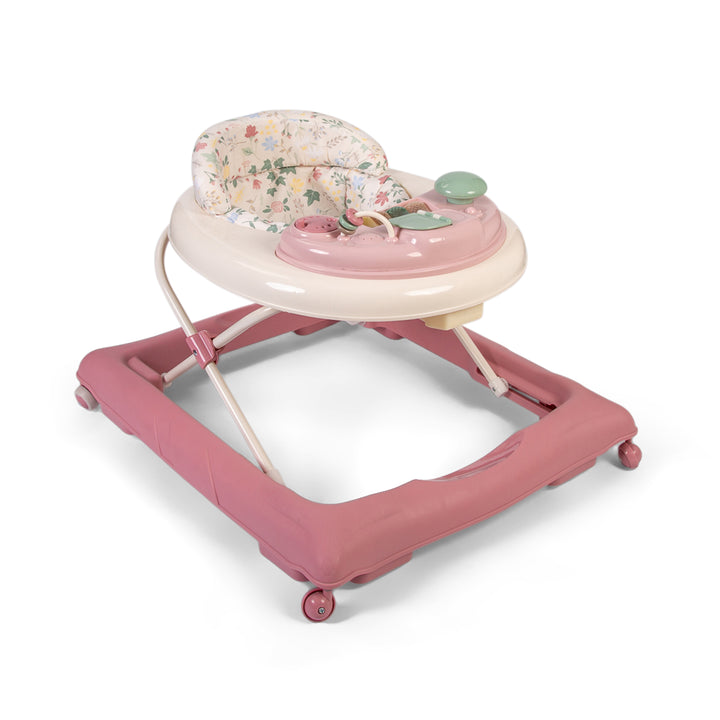 Red Kite Jive Walker Rose & Ivy Pink baby walker with floral cushion on a white background