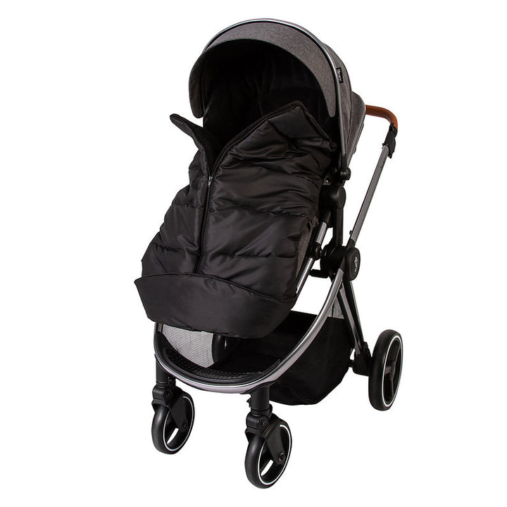 Black stroller with a footmuff on a white background