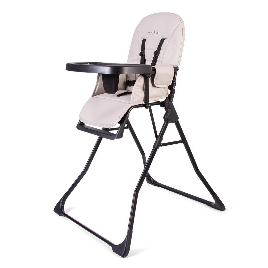 Red Kite Feed Me Fold Highchair in Truffle with beige cushion and black frame on a white background