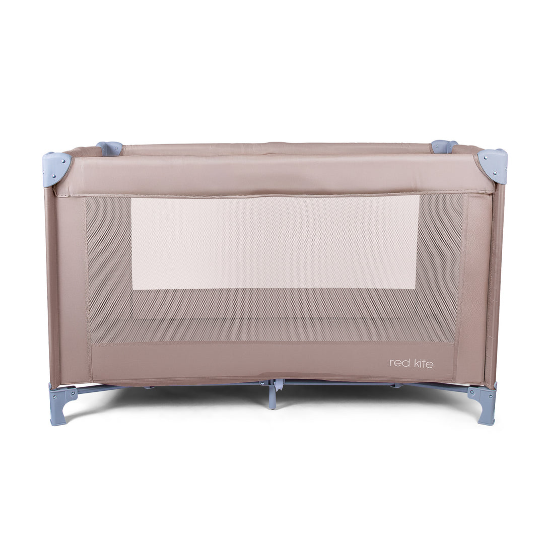 Red Kite Sleepsound Easifold Travel Cot in Oatmeal with mesh door on a white background, featuring the brand 'red kite'.