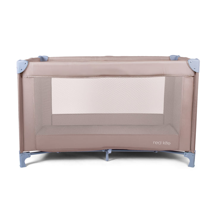 Red Kite Sleepsound Easifold Travel Cot in Oatmeal with mesh door on a white background, featuring the brand 'red kite'.