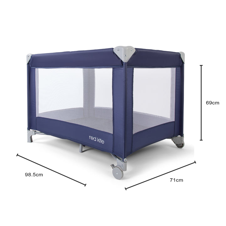 Red Kite Sleeptight Travel Cot in Blueberry with dimensions on a white background