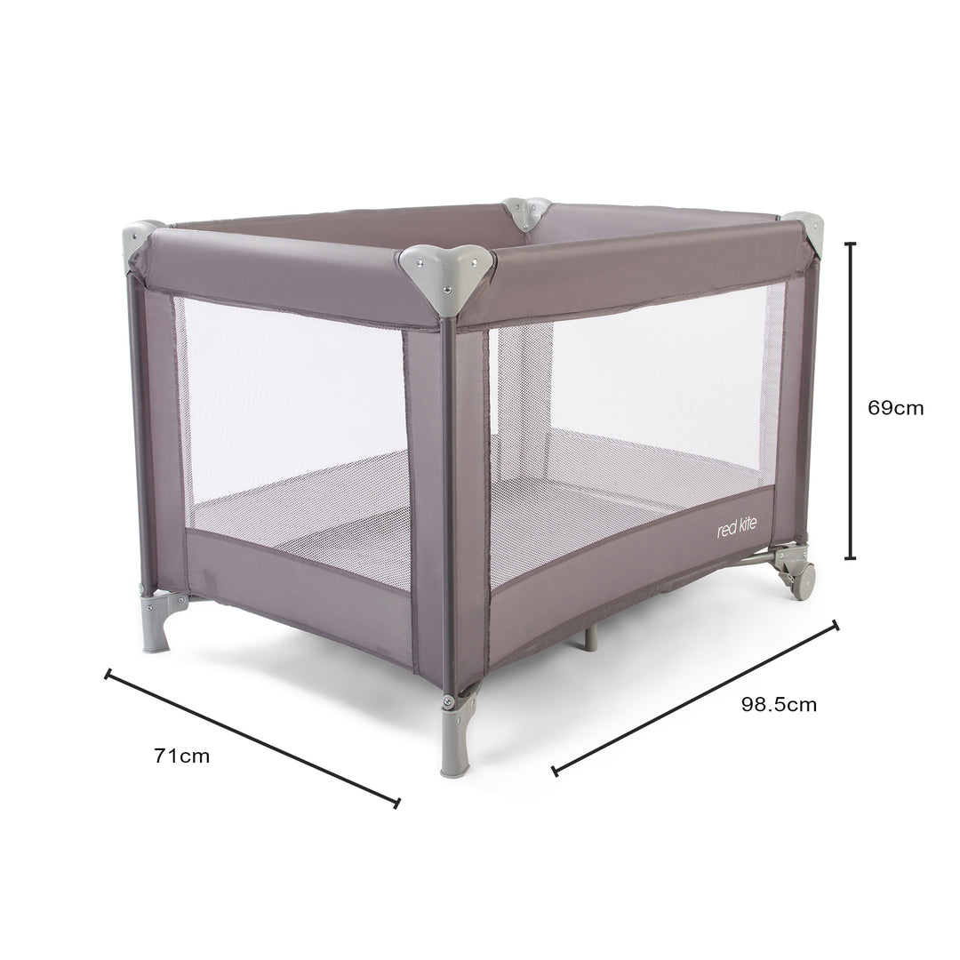 Red Kite Sleeptight Travel Cot in Grey  with measurements