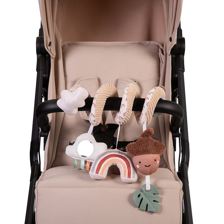 Red Kite Spiraloo Woodland Walks with cloud, rainbow, and leaf designs attached to a stroller.