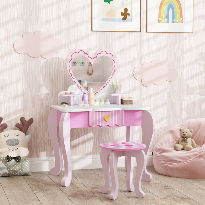 AIYAPLAY Kids Dressing Table & Stool – Pink Heart Vanity Set