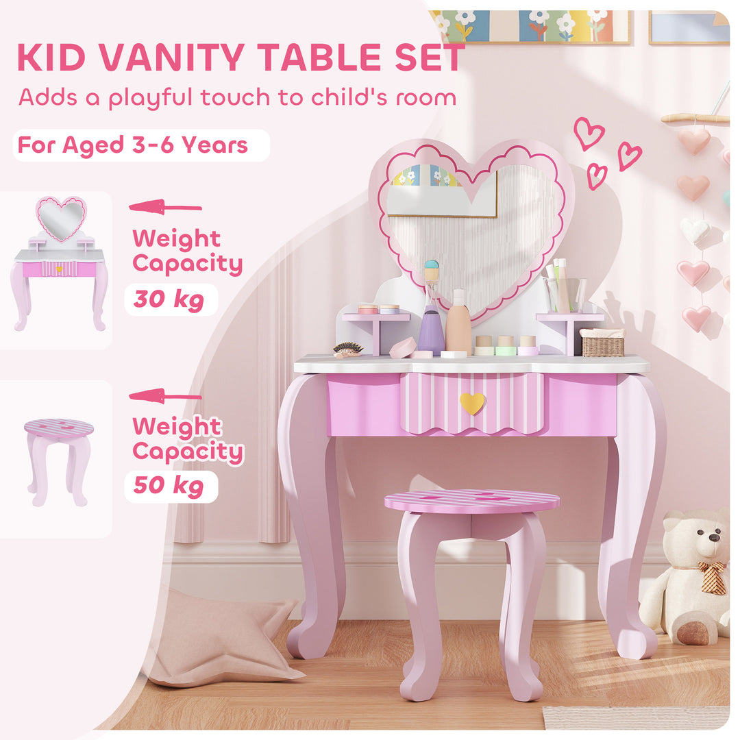 AIYAPLAY Kids Dressing Table & Stool – Pink Heart Vanity Set