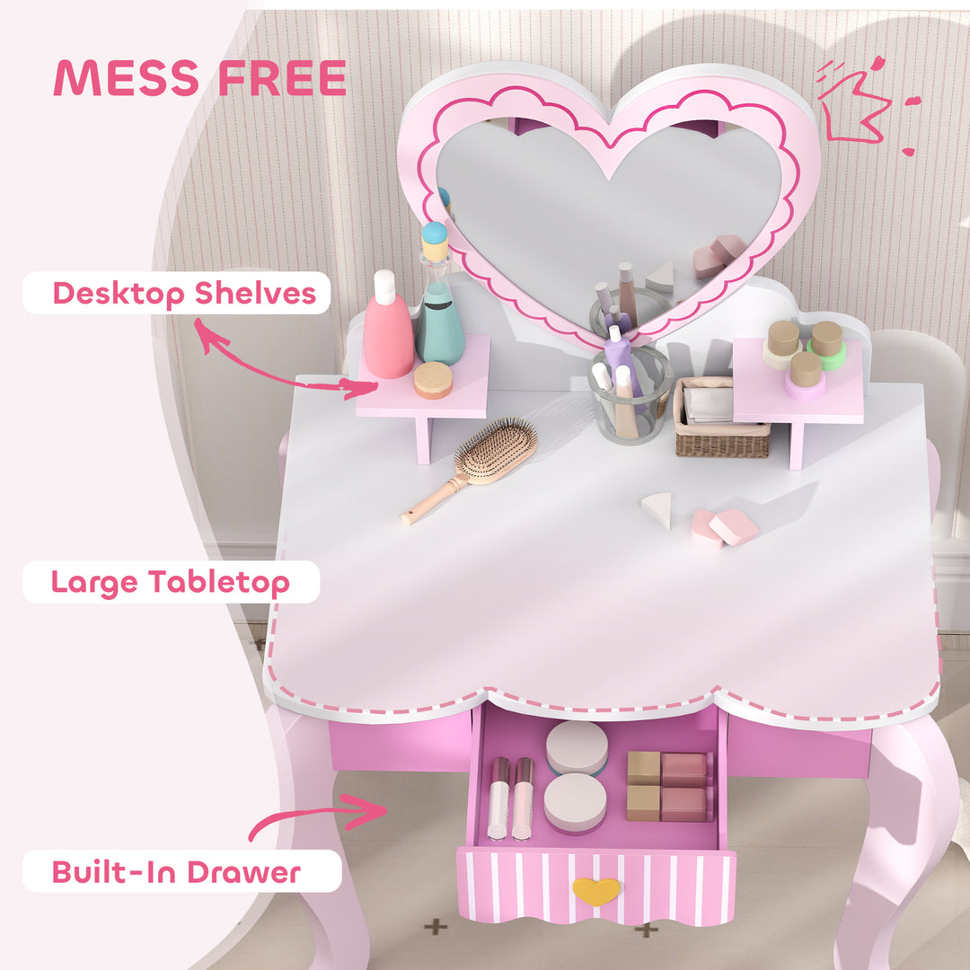 AIYAPLAY Kids Dressing Table & Stool – Pink Heart Vanity Set