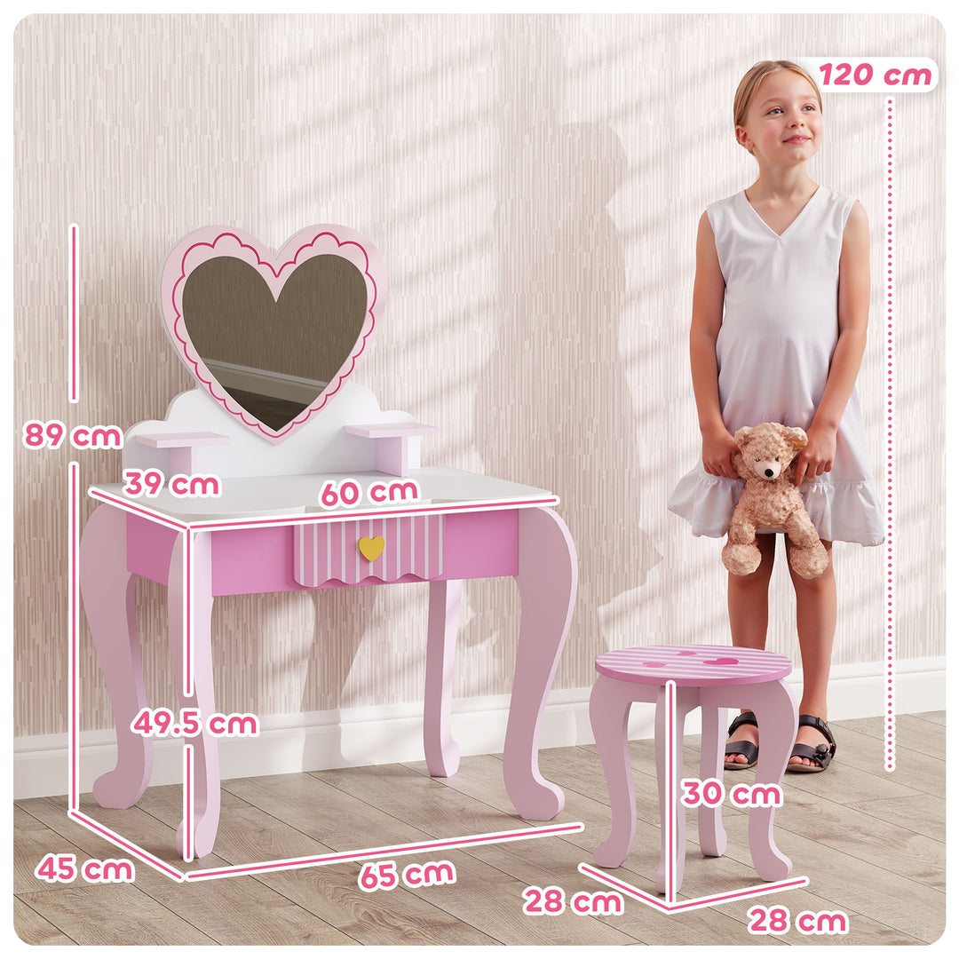 AIYAPLAY Kids Dressing Table & Stool – Pink Heart Vanity Set
