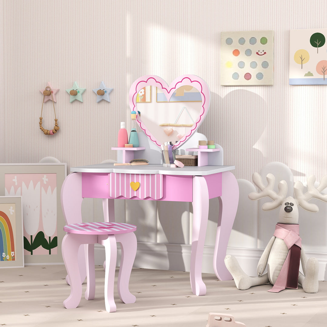 AIYAPLAY Kids Dressing Table & Stool – Pink Heart Vanity Set