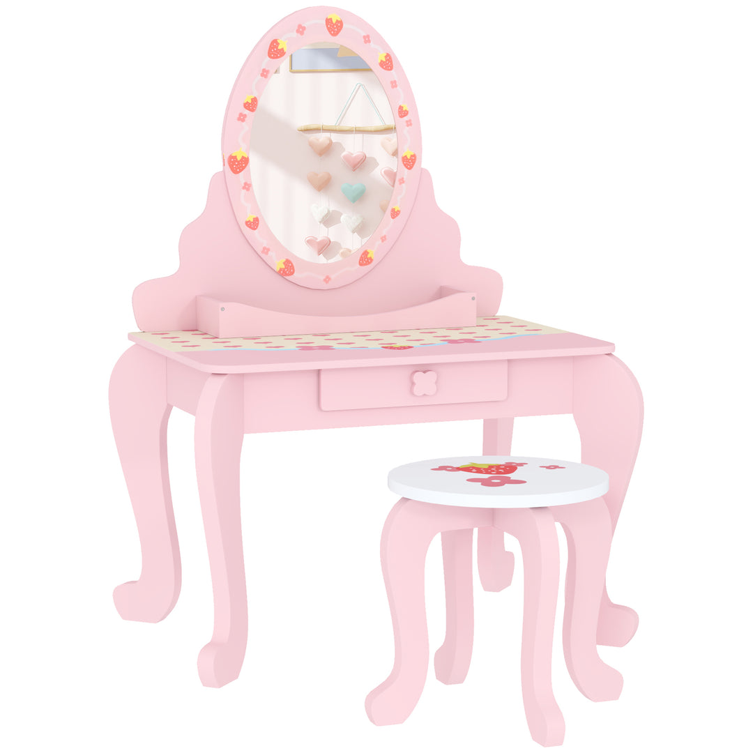 AIYAPLAY Kids Strawberry Dressing Table Set – Pink | Vanity & Stool