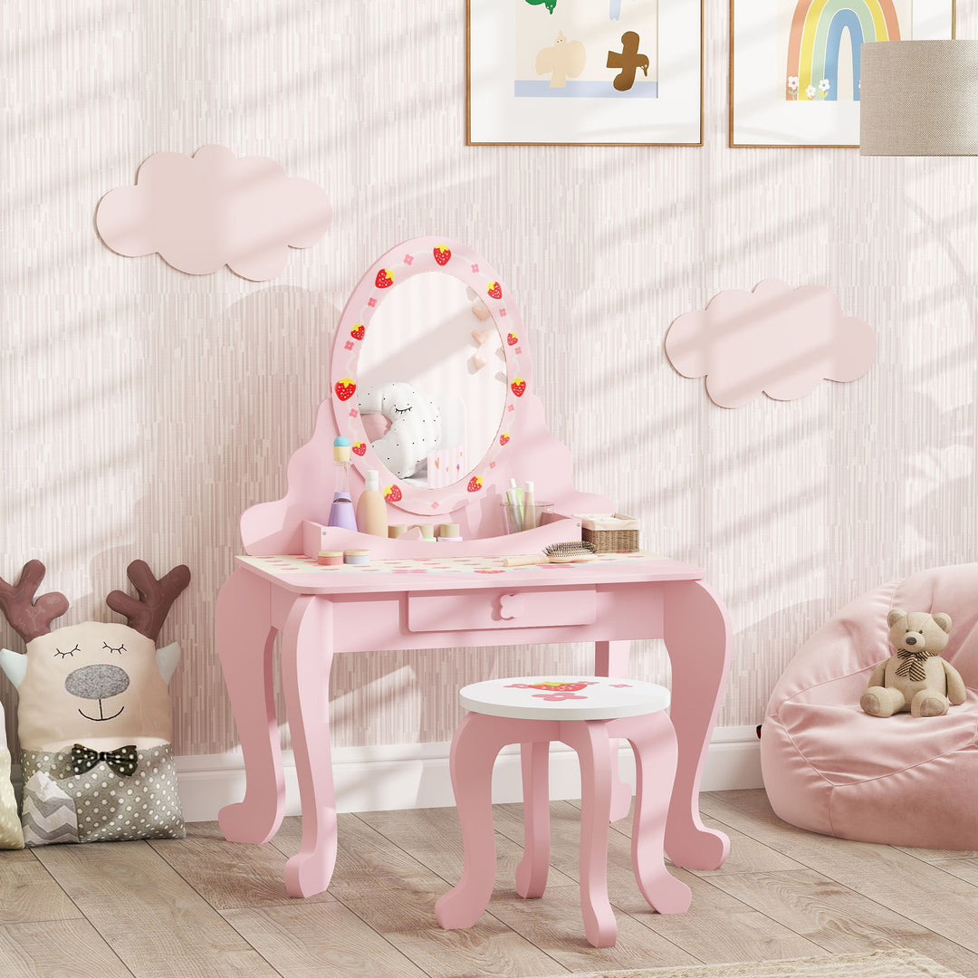 AIYAPLAY Kids Strawberry Dressing Table Set – Pink | Vanity & Stool
