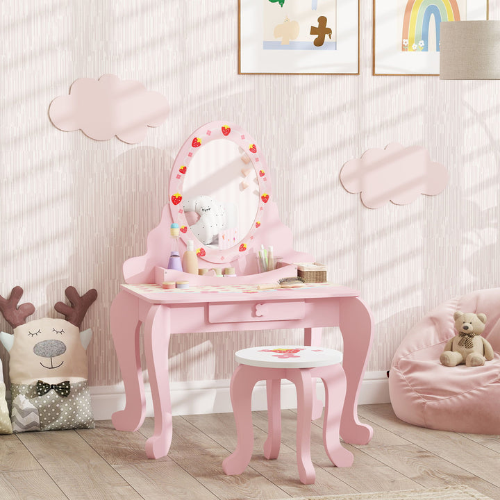 AIYAPLAY Kids Strawberry Dressing Table Set – Pink | Vanity & Stool