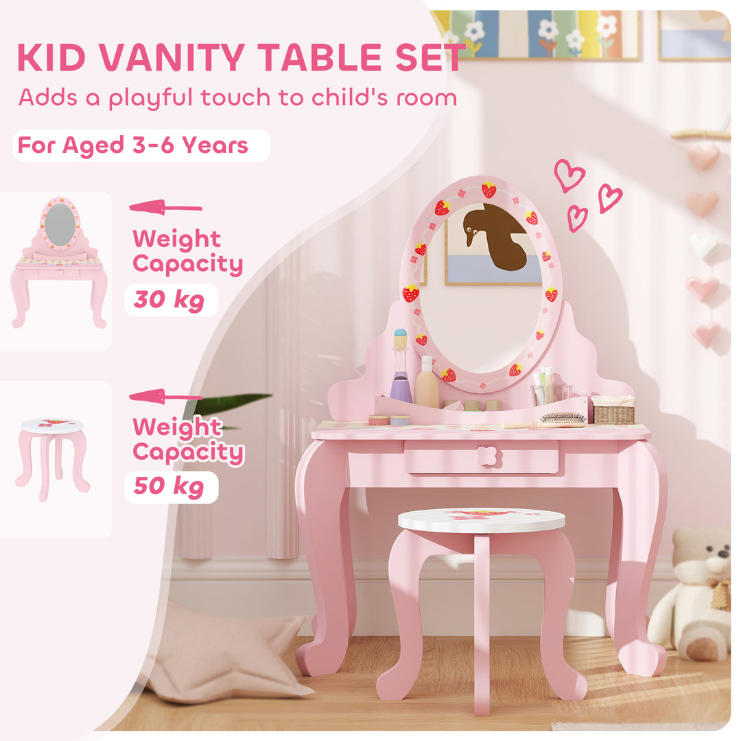 AIYAPLAY Kids Strawberry Dressing Table Set – Pink | Vanity & Stool