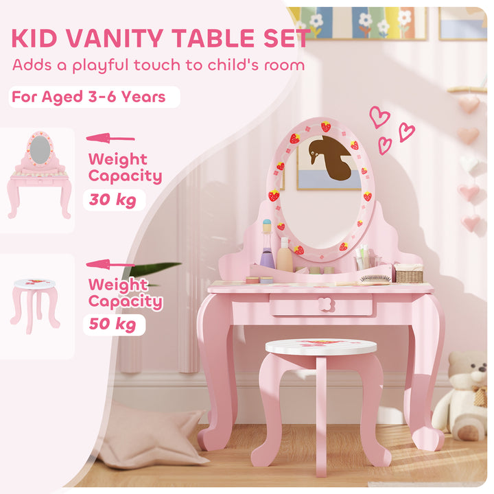 AIYAPLAY Kids Strawberry Dressing Table Set – Pink | Vanity & Stool