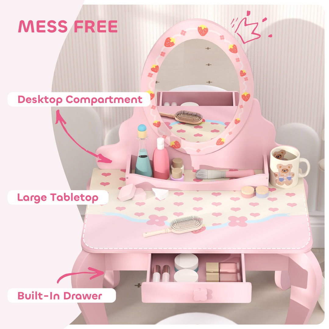 AIYAPLAY Kids Strawberry Dressing Table Set – Pink | Vanity & Stool