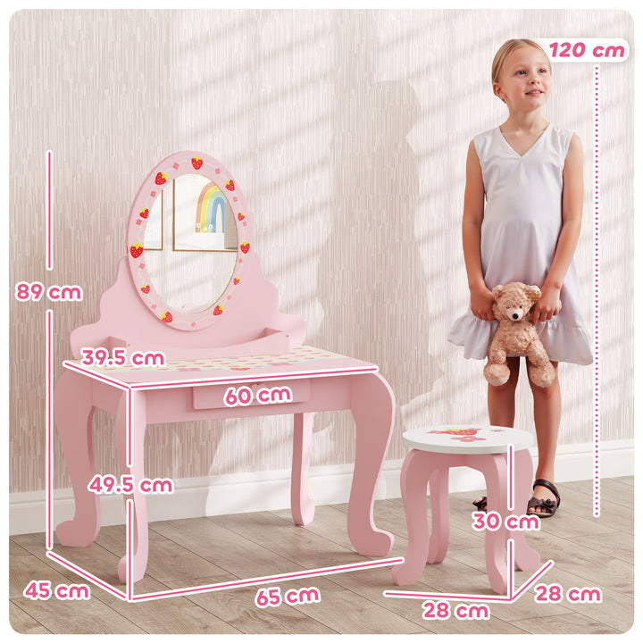 AIYAPLAY Kids Strawberry Dressing Table Set – Pink | Vanity & Stool