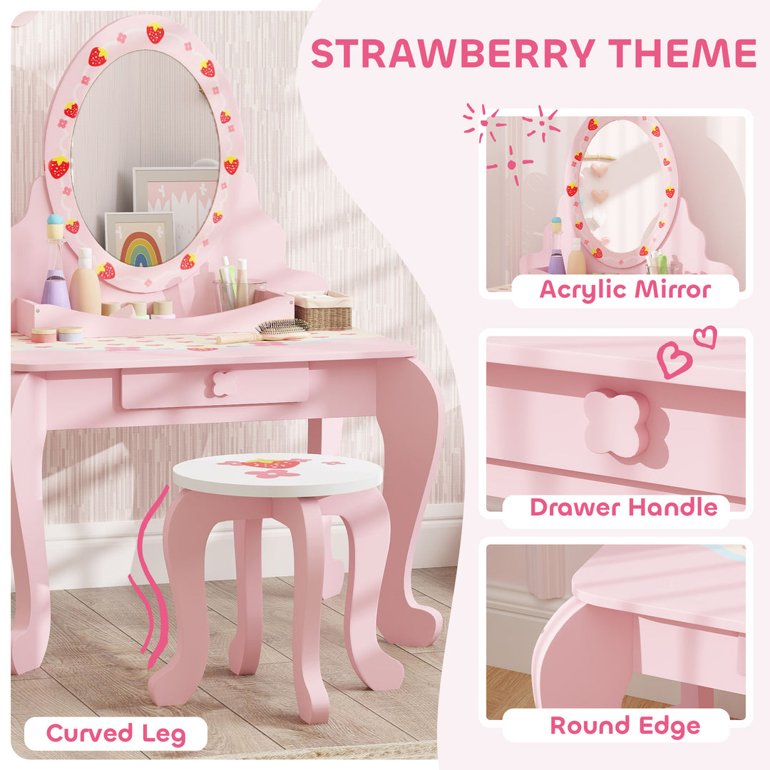AIYAPLAY Kids Strawberry Dressing Table Set – Pink | Vanity & Stool