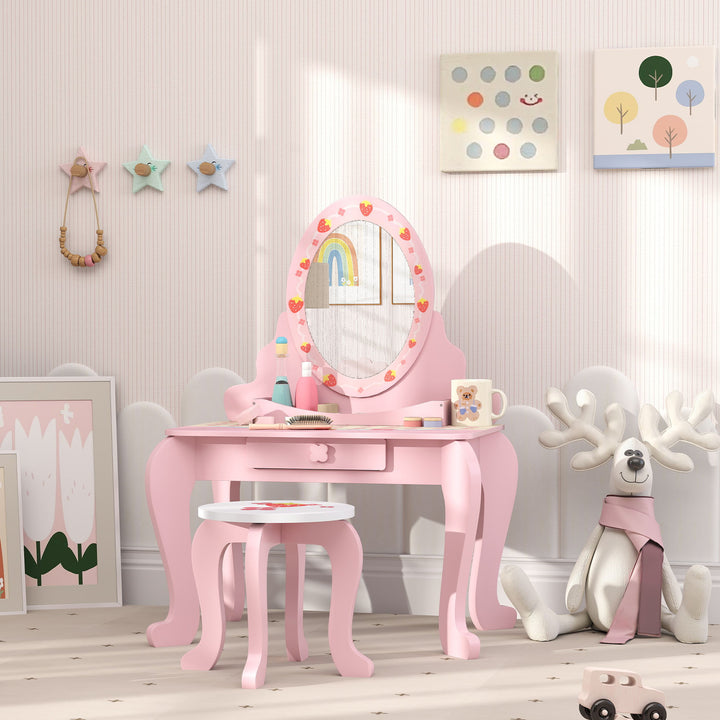 AIYAPLAY Kids Strawberry Dressing Table Set – Pink | Vanity & Stool