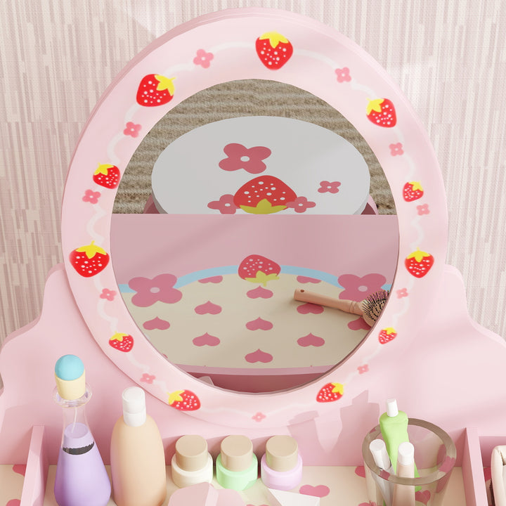 AIYAPLAY Kids Strawberry Dressing Table Set – Pink | Vanity & Stool