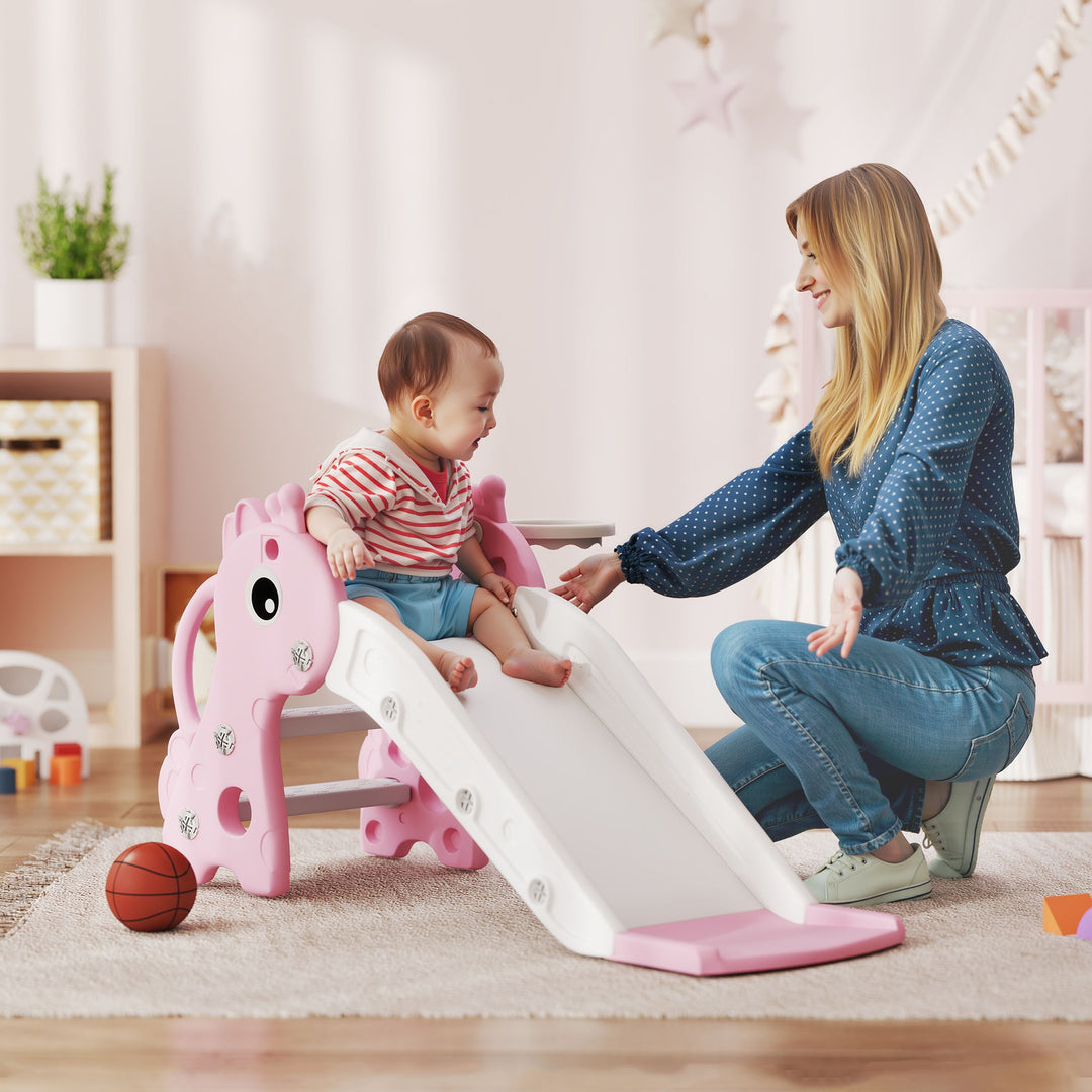 AIYAPLAY 3-in-1 Giraffe Slide with Climber &amp; Basketball Hoop – Pink (Ages 1–3)