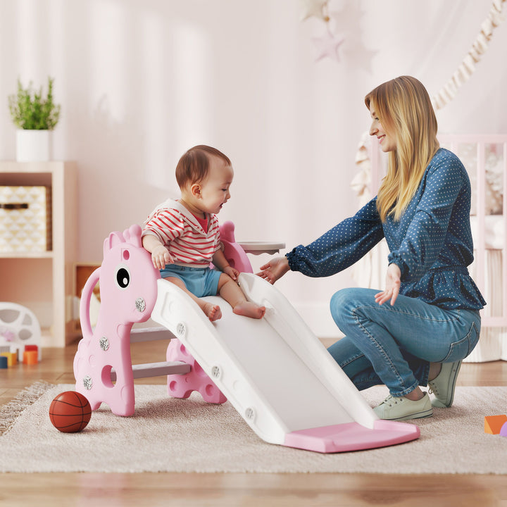 AIYAPLAY 3-in-1 Giraffe Slide with Climber &amp; Basketball Hoop – Pink (Ages 1–3)