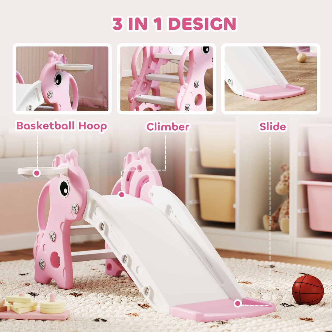 AIYAPLAY 3-in-1 Giraffe Slide with Climber &amp; Basketball Hoop – Pink (Ages 1–3)