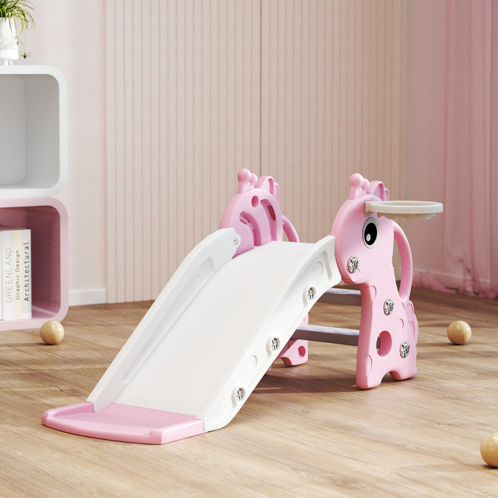 AIYAPLAY 3-in-1 Giraffe Slide with Climber &amp; Basketball Hoop – Pink (Ages 1–3)