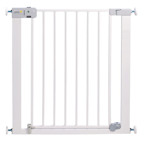 White baby gate with safety features on a white background