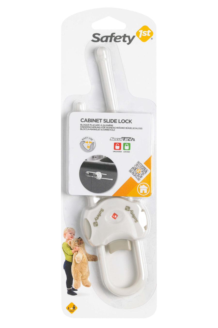 Safety 1st cabinet slide lock on its packaging with a child and teddy bear illustration.