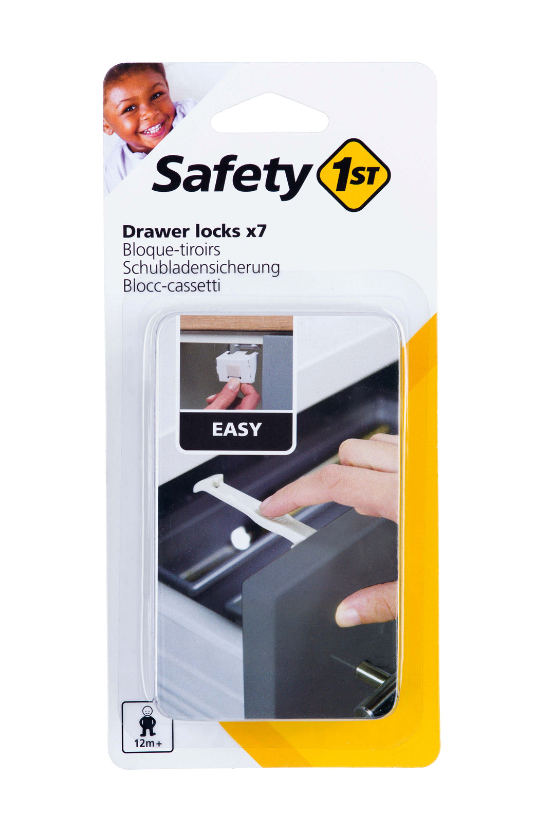 Safety 1st drawer locks packaging with a child's face on the top left corner.