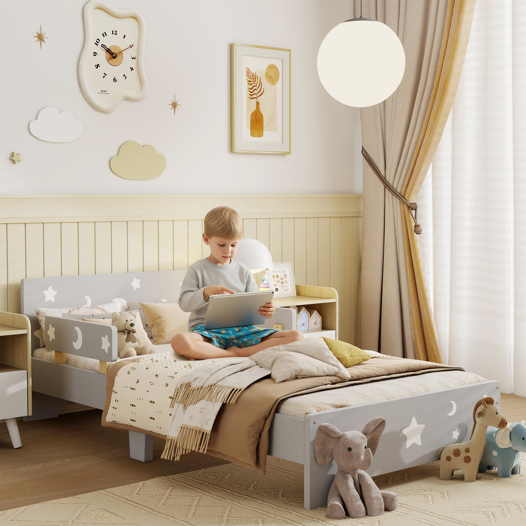 ZONEKIZ Kids Toddler Bed, with Star and Moon Patterns, Side Rails, for Ages 3-6 Years - Grey - image 2