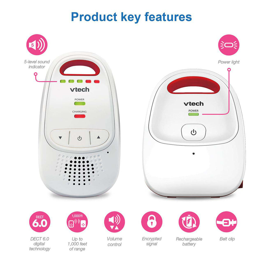 Vtech baby monitor with key features highlighted on a white background