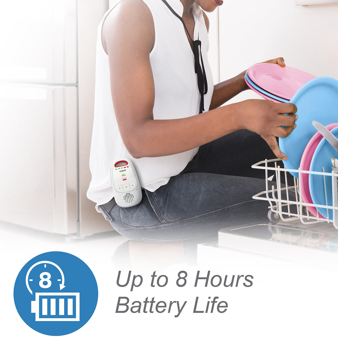 Person using a handheld device next to a dishwasher with text about battery life.