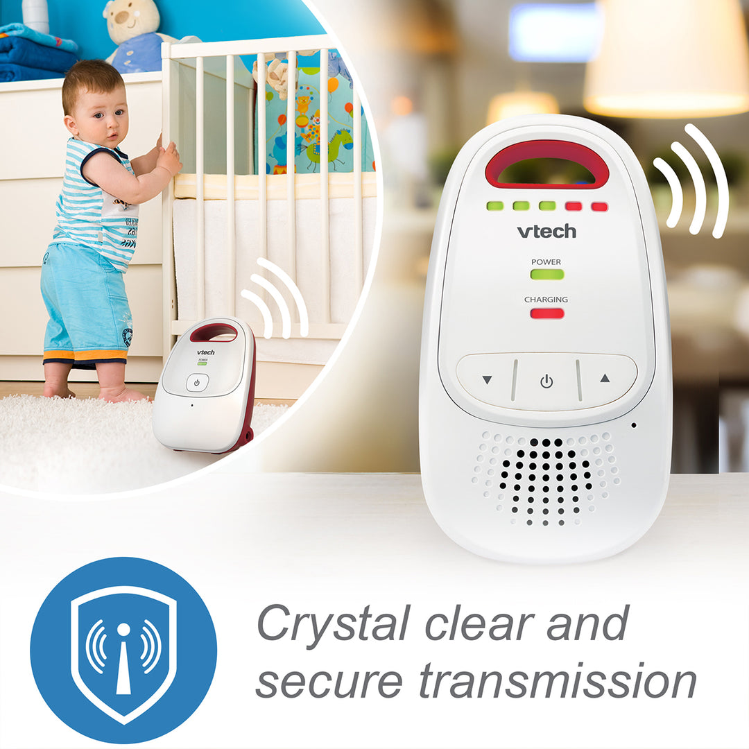 Baby monitor with VTech branding in a home setting, featuring a child and a baby gate.