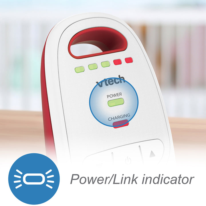 Vtech baby monitor with power and link indicator on a blurred background