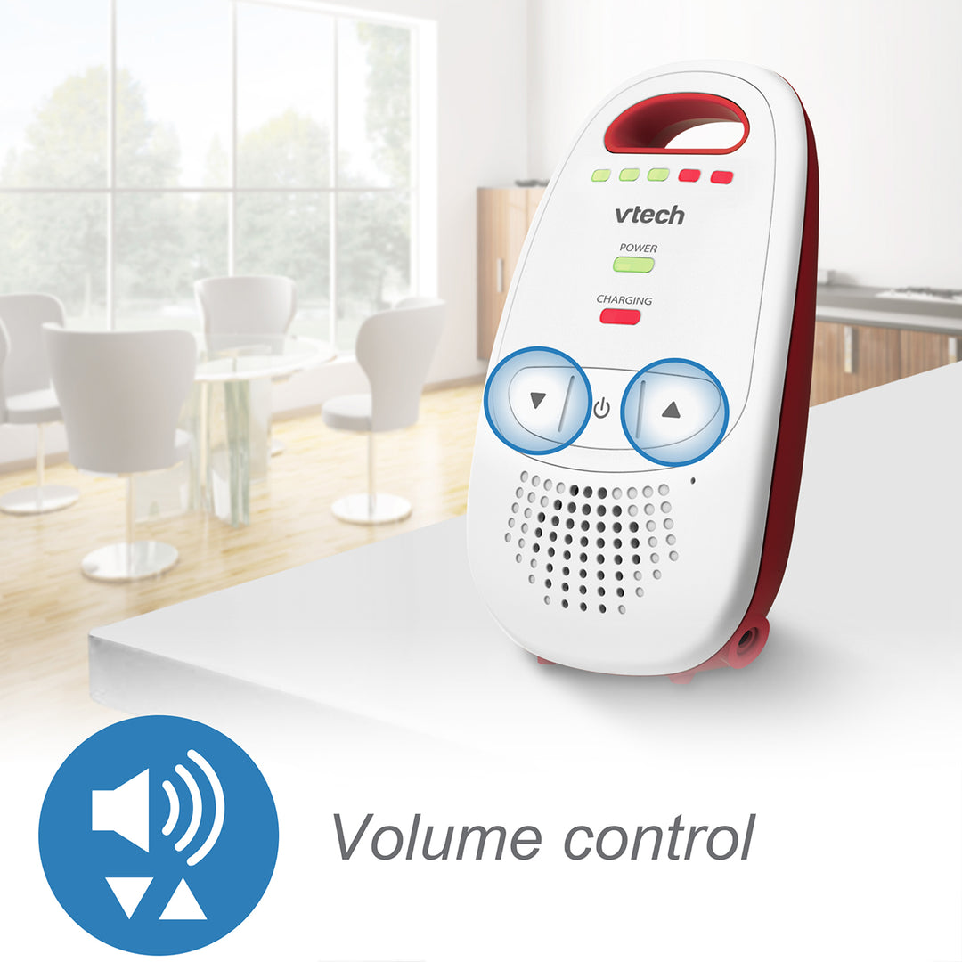 Vtech device with volume control on a table in a modern room