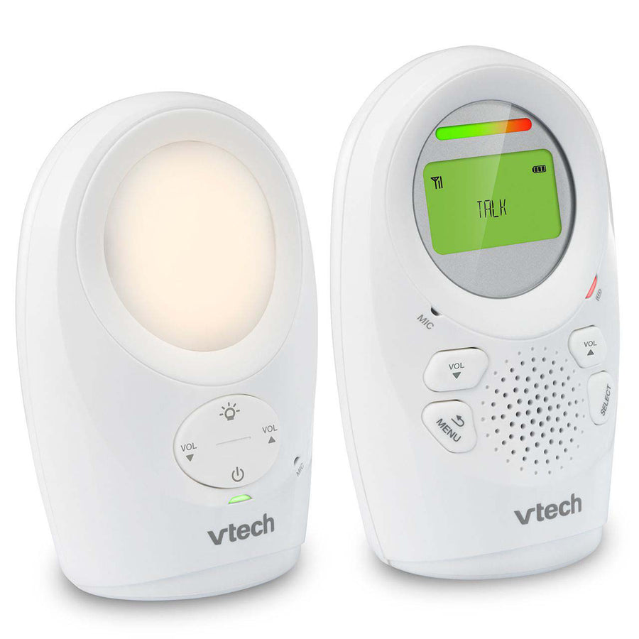 Vtech baby monitor with a light and digital display on a white background