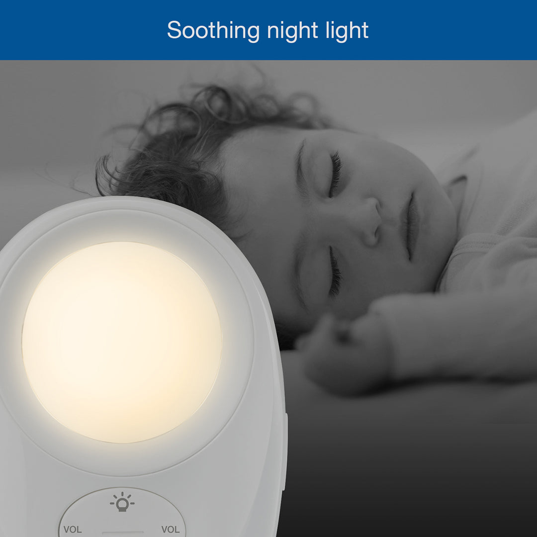 Child sleeping with a night light in front, labeled 'Soothing night light'.