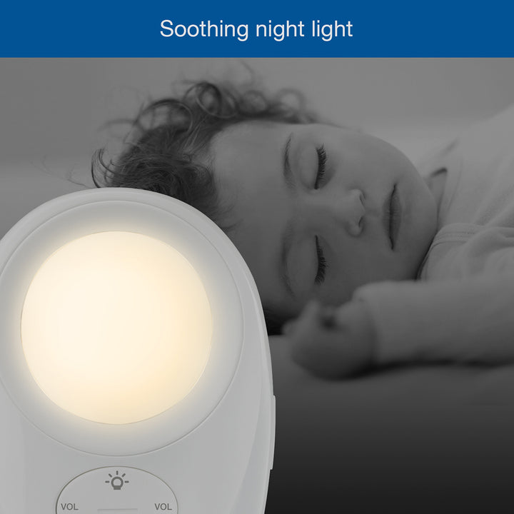 Child sleeping with a night light in front, labeled 'Soothing night light'.