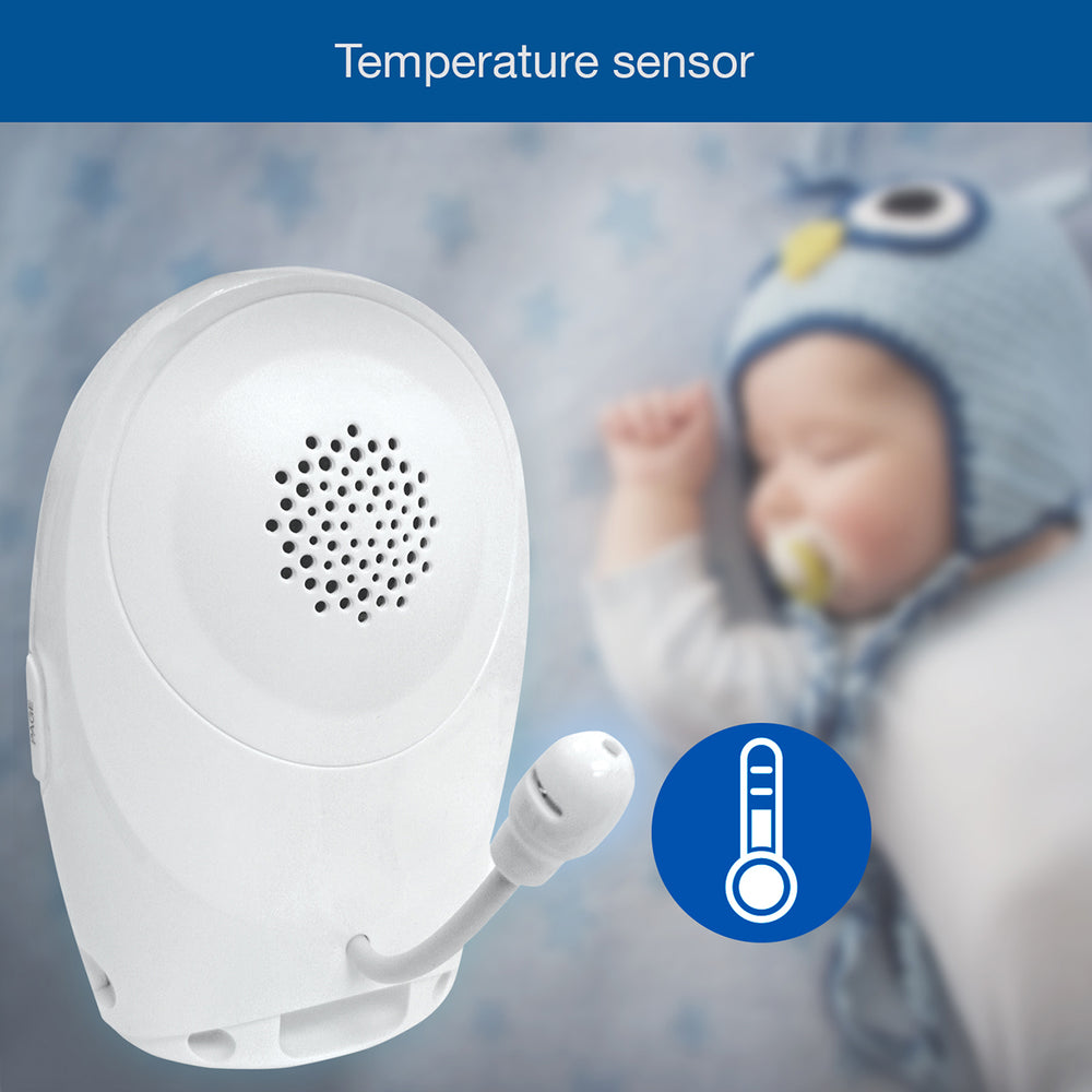 Temperature sensor with a baby in the background, indicating its use for monitoring temperature.
