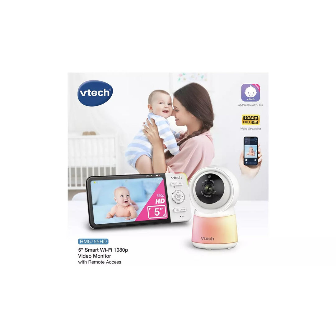 Vtech baby monitor with tablet and smartphone display on a white background