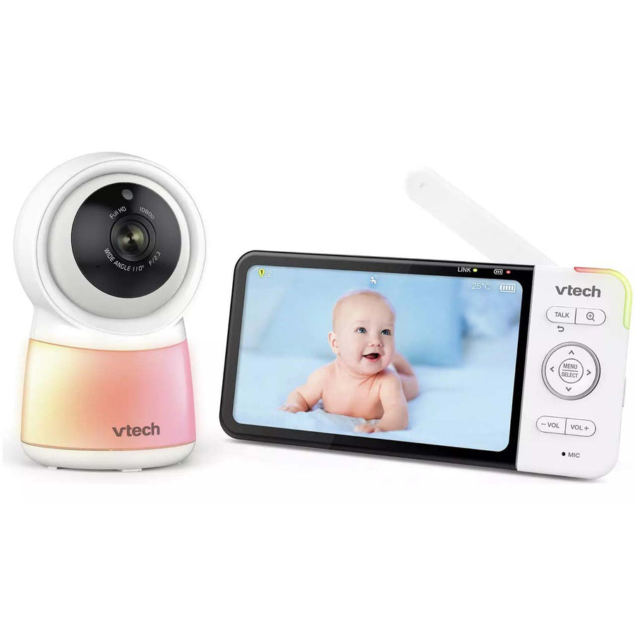 Vtech baby monitor with camera and screen displaying a baby on a white background