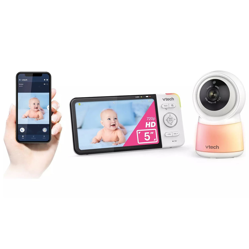Vtech baby monitor system with smartphone app, display, and camera on a white background