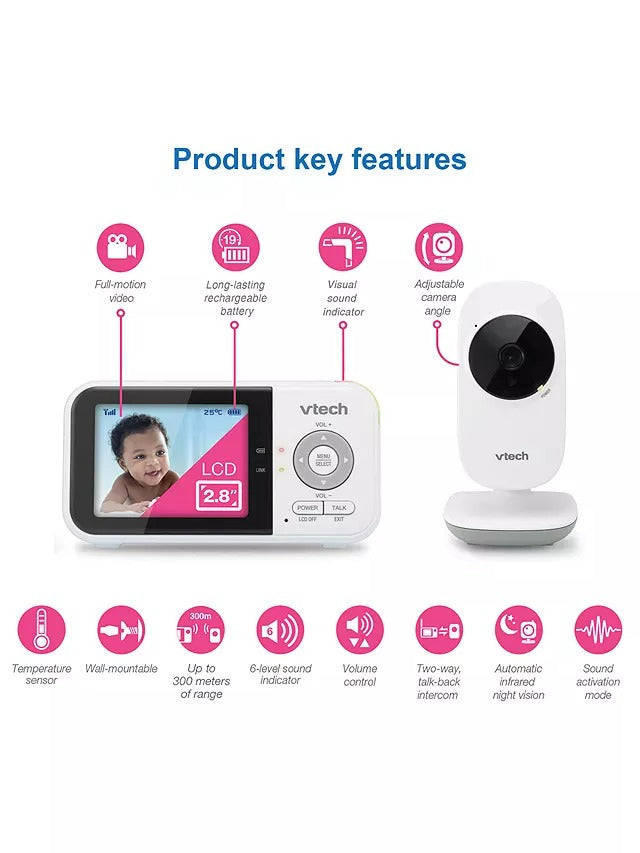 Vtech baby monitor with key features listed on a white background