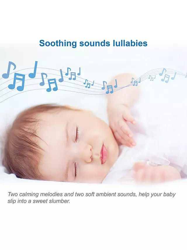 Baby sleeping with text about soothing sounds lullabies and musical notes.